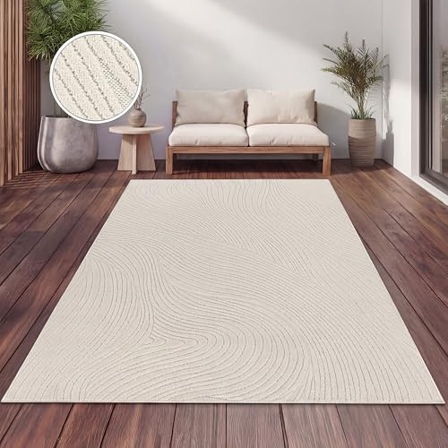 Paco Home Teppich Outdoor Wetterfest, Moderne abstrakte Boho Designs mit 3D Struktur, Pflegeleicht, ideal für Terrasse Wohnzimmer & Küche, Grösse:120x160 cm, Farbe:Creme 10