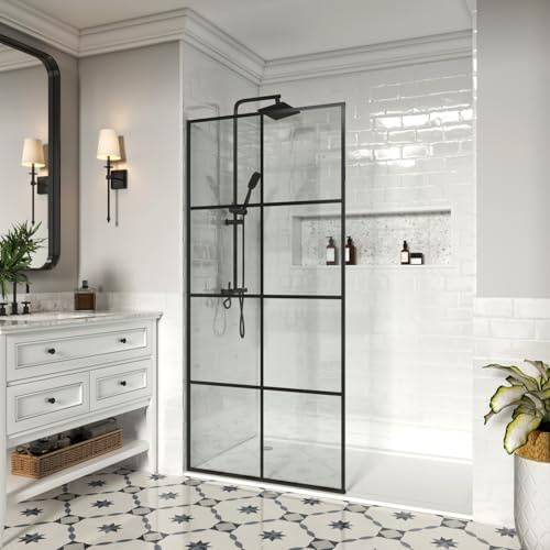 MCOCOD 36 W x 76 H Frameless Shower Screen, Fixed Glass Panel for Walk-In Shower, 3/8 Tempered Glass, Grid Pattern Design