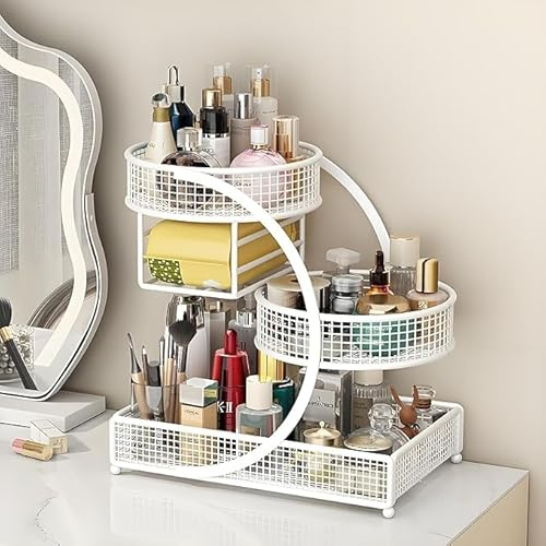 Growsun 3-Tier Varnished Metal Cosmetic Organizer with Tissue Box Holder (White-1)