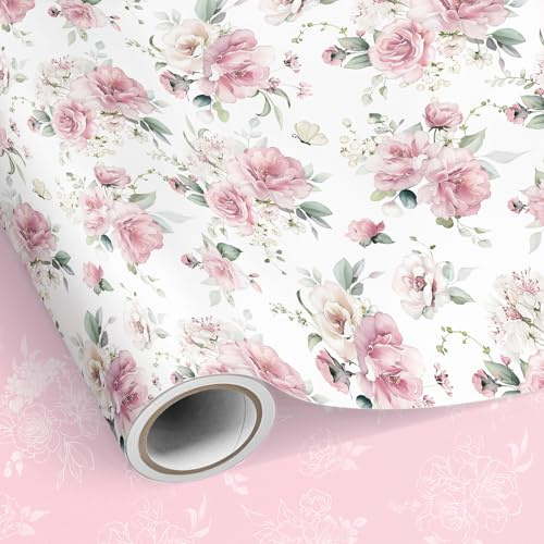 Neloheac Rosa Blumen Geschenkpapier Wendbare, Aquarell Rose Elegantes Design, 43 cm x 10 m pro Rolle für Hochzeit, Geburtstag, Muttertag, Valentinstag | Aquarell-Rosen-Blumen-Design für Geburtstag, Brautparty, Hochzeit, Babyparty, doppelseitiges Geschenkpapier für weibliche