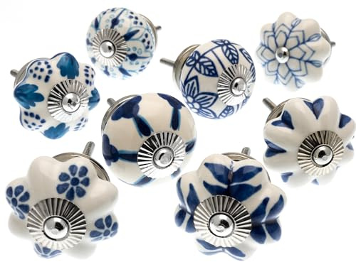 Keramik-Möbelknöpfe im Vintage-Stil, gemischtes 8er-Set, Blau und Weiß - 'Mango Baum' Wz Produkt (MG-713)