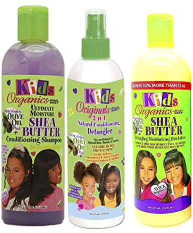 Africa's Best Kids Organic - set med 3 hårvård för barn - Ultimate sheasmör hudvårdsschampo/2 i 1 upptrasslande balsam/återfuktande och upptrasslande hårlotion