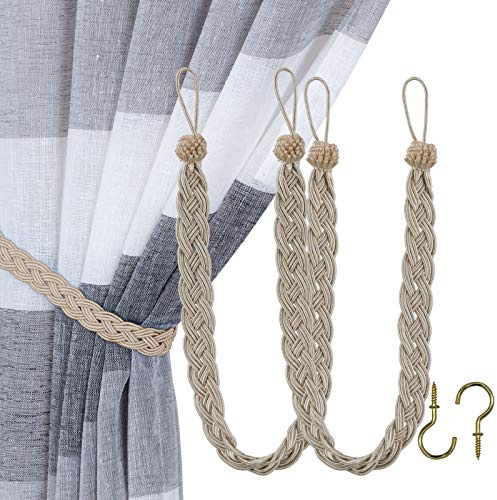 Home Queen Hand Braided Curtain Tie Back, Buckle Holdback Drapery Curtain Tiebacks, 2 Rope Belt Curtain Tie with 2 Metal Hooks, Taupe