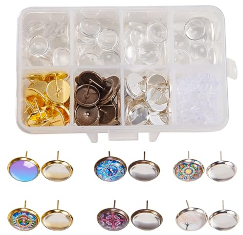 SUNNYCLUE 1 Box 120Stück 8mm DIY 30Paar Cabochon Anhänger Ohrstecker Bastelset Kit zur Schmuckherstellung Lünette Ohrring Einstellungen mit Klarglas Cabochons Ohrringhaken Frauen Erwachsene 3Farbe