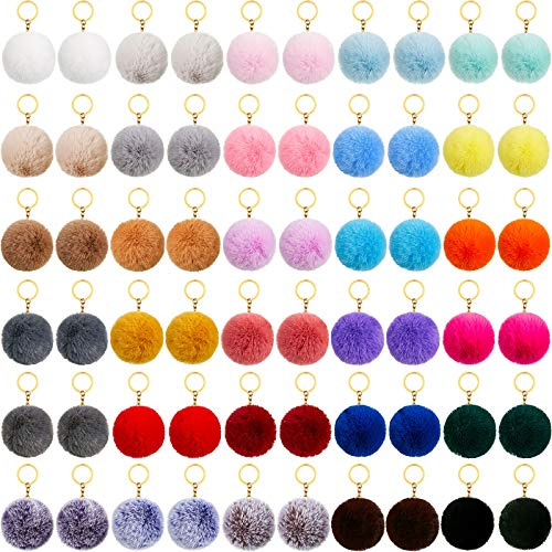 HICARER 60 Stücke Bunte Pompons Schlüsselanhänger Flauschige Ball Pompons Schlüsselanhänger Kunstpelz Pompons Schlüsselring für Mädchen Frauen Hüte Schuhe Taschen Zubehör (2,4 Zoll)