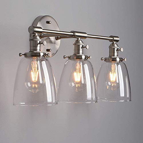 VOMI Spiegelleuchte Wandleuchte Vintage Industrial E27 Badezimmer Wandlampe Mit Schalter 3 Flammig Spiegellampe Mit Transparent Glaslampenschirm Make-up-Leuchte für Washroom Schlafzimmer, Silber