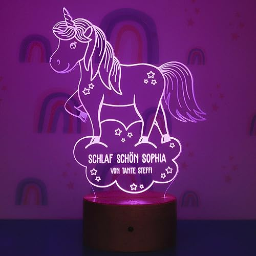 LAUBLUST 3D LED Nachtlicht Kinder - Personalisiert, Farbwechselnd, Holz Sockel - Geschenk für Kinder | Einhorn Motiv