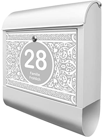 banjado Design Briefkasten personalisiert mit Ornament WG 38,5x46,5x13cm & 2 Schlüssel - Briefkasten Stahl weiß mit Zeitungsfach pulverbeschichtet - Postkasten A4 Einwurf inkl. Montagematerial