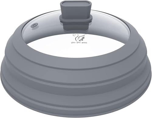 Microwave Splatter Cover Glass Splatter Guard Lid with Collapsible Silicone for Food Pot Plate Cover 11.8 inch Light Grey