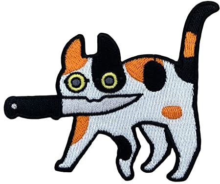 Urbanski Patch Weiß gefleckte Katze mit Messer zum Aufbügeln 7 x 8 cm | Aufnäher Applikation Bügelbild