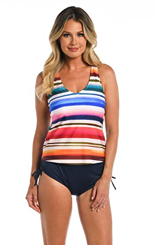 24th & Ocean kvinnors blå tropiska löv kors rund hals ärmlös tankini-topp, Multi//Sunset Stripe, M