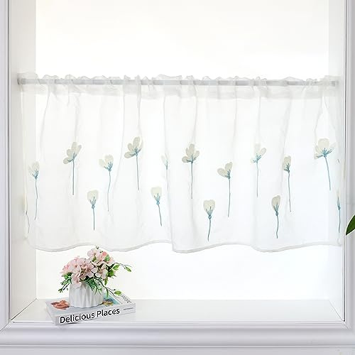 ArtisticHome Lace Tier Curtain Kitchen Valance with Flower Embroidered Blue Branches, Bistro Curtain for Kitchen Bathroom Window Curtain, Yellow Floral Half Curtain, W 100 x D 50 cm……