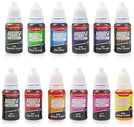 E-Kongton Colorant Alimentaire Airbrush Liquide : 12 Couleurs Vives Liquides Pour AéRographe, PâTisserie, DéCoration De GâTeaux, Macarons, Colorant Alimentaire Airbrush Inodore - 0.35oz/Bouteille