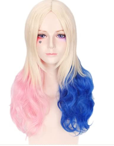 Anime Harley Quinn Cosplay Perücke Lange Natürliche Wellenförmige Multi-farbe Haar Synthetische Halloween Rolle Spielen Perücke Kappe
