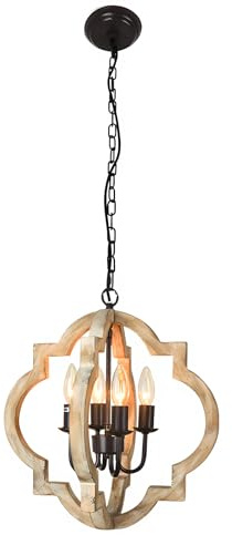 LGDEERCO Retro 4-Lichter Bauernhaus Handgemachter Holz Kronleuchter Rustikal Verstellbare Decke Hängende Pendelleuchte Für Kücheninsel Schlafzimmer Speisesaal Korridor Bürobeleuchtung