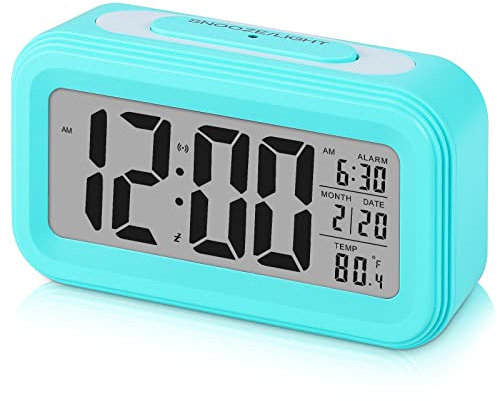 Sarsumir Despertador Digital, Reloj Despertador Digital Pilas Inteligente Silencioso con Luz Nocturna LED Despertador con Función de Posponer Temperatura de Fecha para Niños Infantil Adulto, Azul