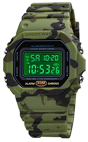 Nicoone Reloj Digital para Hombre, con Retroiluminación, Impermeable, Resistente a Los Golpes, con Alarma, Cronómetro, Cuenta Regresiva (Camuflaje Verde Militar)