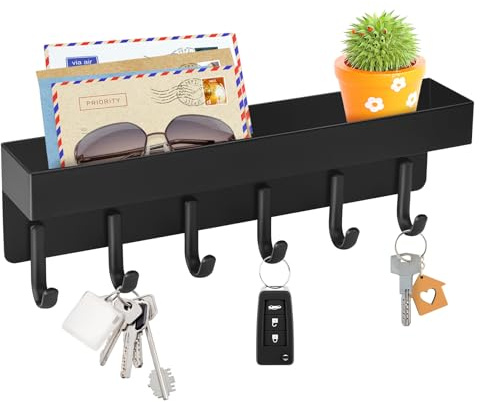 VIS'V Key Holder Wall Mount, Compact Adhesive Key Rack with Tray, 6 Hooks, 2 Mount Options, Black