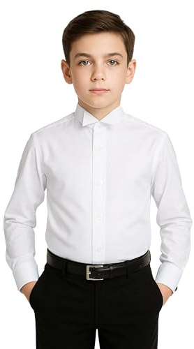 SIRRI Boys Slim Fit Tuxedo Shirt with Wing Fly Collar and Detachable Cufflinks - Cotton Blend White Dress Shirt for Formal Occasions Size 13 Years