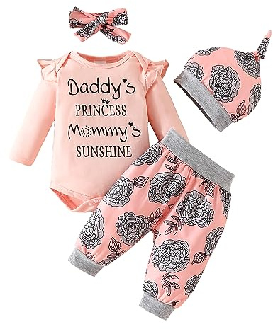 UUAISSO Neugeborenes Baby Mädchen Kleidung Papas Mädchen Langarm Strampler Tops Blumenhosen Sets Stirnband Säuglingsmädchen Herbst Outfits Rosa2 0-3 Monate