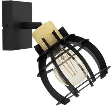 EGLO Stillington 1 FSC100HB - Lampada da parete LED per interni con faretto spot orientabile, in legno naturale e metallo nero, applique per soggiorno e corridoio, attacco E27