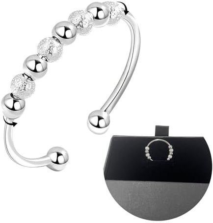 Angst Ring Damen Silber 925, Spinner Ring mit Perlen, Fidget Ring für Stressabbau, Verstellbarer Ring, Schmuck Geschenk für Frauen, Ringe Silber 925 Damen, mit Schwarzer Verpackungsbox