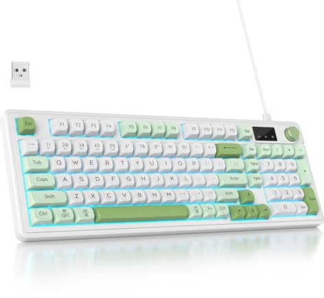 Owpkeenthy Tastiera senza fili verde al 96% con manopola, 98 tasti, guarnizione silenziosa, tastiera da gioco con membrana meccanica, 3 modalità cablata/Bluetooth 5.0/2.4G per Windows/Mac (98 verde)