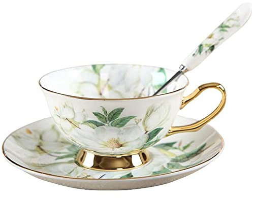 HUAMU Taza de café de porcelana fina, juego de taza de café estilo europeo camelia patrón vintage taza café con platillo y cuchara para el hogar, oficina, boda, café, 200 ml