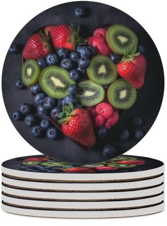 Keramik-Untersetzer mit vielen Früchten für Getränke, Set mit 6 hitzebeständigen, runden Tassenuntersetzern mit Korkboden für Küche, Zuhause, Küche, Party, Geschenk