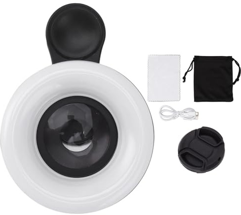 Obiettivo Macro 15X con Mini Luminoso a Clip, Obiettivo Luminoso di Riempimento Telefono da 2800 a 6500K per la Registrazione Video Fotografica (BLACK)