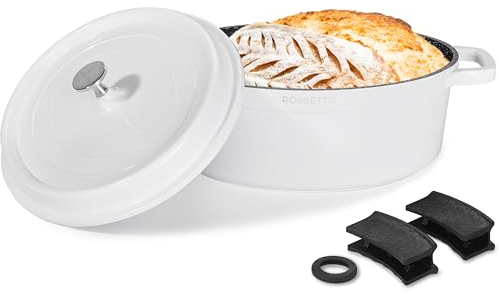 ROSSETTO cacerola oval con tapa, blanco Ø31cm 6,3L cocotte cacerola holandesa con revestimiento antiadherente para hornear, estofar, asar, inducción y todo tipo de placas, apta para horno