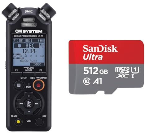 OM SYSTEM LS-P5 Hi-Res Audiorekorder mit TRESMIC II 3-Mikrofonsystem & SanDisk Ultra Android microSDXC UHS-I Speicherkarte 512 GB + Adapter