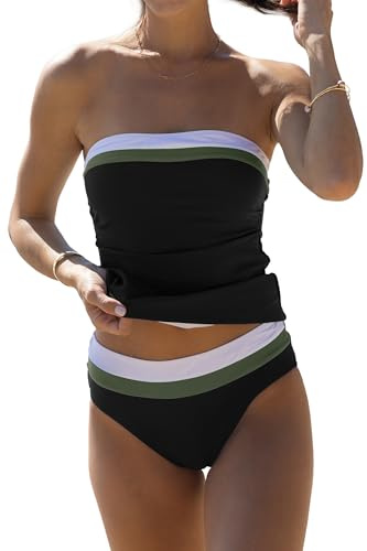 Beachsissi Dam magkontroll enfärgad axelbandslös blockfärger tankini set, svart, M