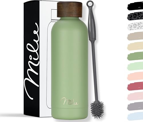 Milu Thermosflasche 500ml Isolierte Edelstahl Thermo Trinkflasche Thermoskanne Auslaufsichere Isolierflasche doppelwandig - Kohlensäure geeignet – inkl. Reinigungsbürste (Olivgrün, 500ml)