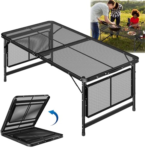 HENGMEI Campingtisch Klappbar 120×60cm Grilltisch Camping Beistelltisch Metallgitterplatte Gartentisch Höhenverstellbarer Camping Tisch Outdoor Picknicktisch Klapptisch