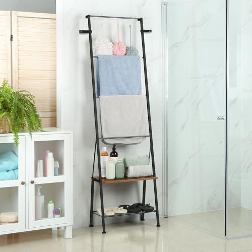 Blanket Ladder Holder Farmhouse Blanket Rack with Storage Shelf, Decorative Ladder Shelf with Hooks, Towel Holder Rack for Bathroom Living Room Home Decor, Rustic Brown & Black