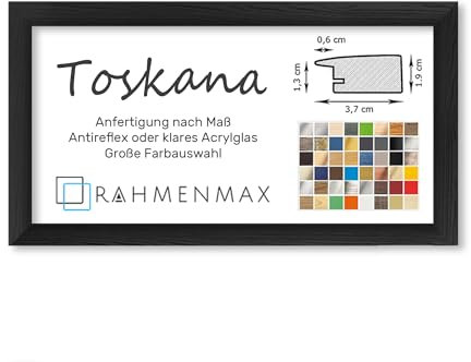 RahmenMax® Toskana Bilderrahmen Bildmaß 40x100 cm zum Aufhängen/Maßanfertigung möglich/MDF Posterrahmen in Schwarz gemasert mit Acrylglas Antireflex/Puzzle Rahmen