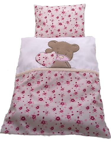 Puppenbettwäsche altrosa mit Teddy aus Fleece, Maße ca. Decke 40h x 33b, Kissen 20h x 24b cm.