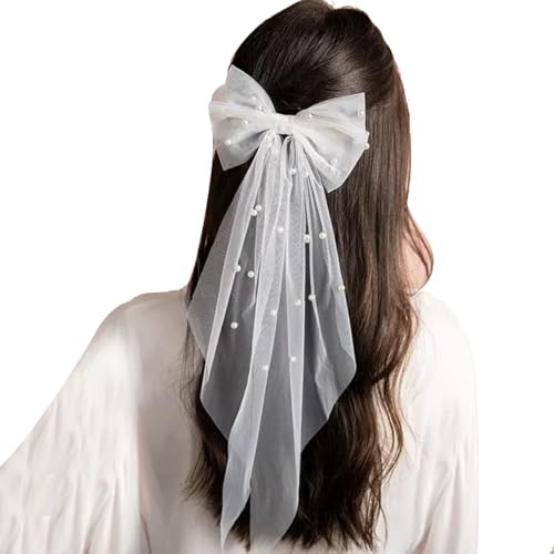 TSUOUKL Brautschleier Kurz,Schleier Braut mit Perlen und Haarspange Weißer Elegante Tüll, Haarschleife Schleier Softtüll für Junggesellenabschied Hochzeit Damen Mädchen Party Haarschmuck