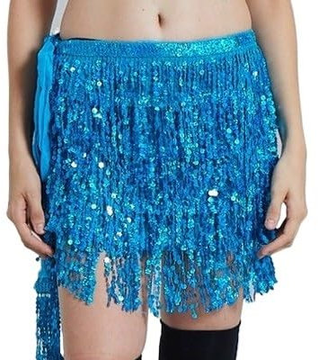 Crepundia Damen Bauchtanz Hüfttuch, Neu Taillenkette mit Pailletten und Fransen for Bauchtanz, Taillenkette mit Schnürung, Taillentuch, Rock mit Pailletten und Fransen(Blue1)