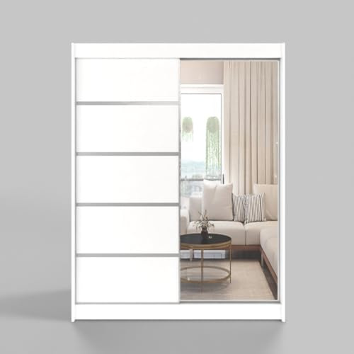 Gaba furniture White Series 120 cm Sliding Door Wardrobe with Mirror Widths 100/120/150/180/200/250 cm Furniture for Bedroom Living Room Wardrobe with Hanging Rail