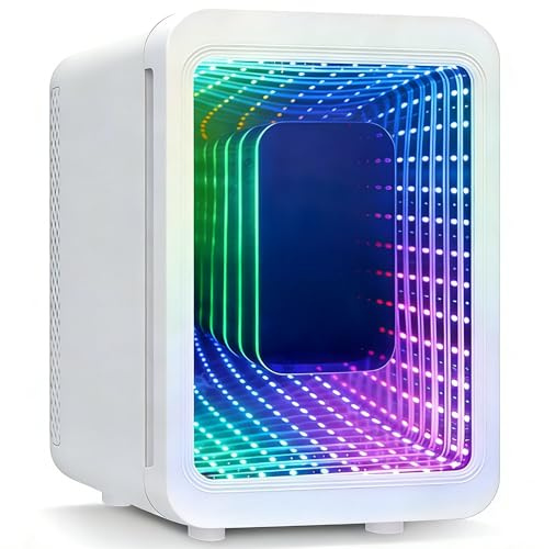 ARTETHYS Mini Fridge for Bedrooms, 4L Car Skincare Fridge with LED Mirror, Gaming Fridges with Infinity Effect for Home Office Skin Care, 220V AC/12V DC
