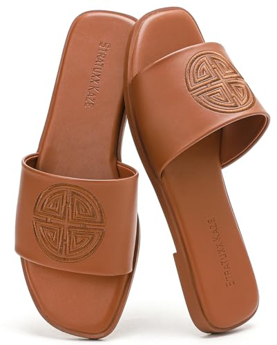 Stratuxx Kaze Womens Flat Sandals Dressy Summer Slide with Memory Foam Comfortable Cute Leather Brown Sandals for Women