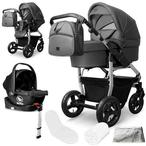Bergsteiger Capri Kombikinderwagen 4-in-1 Babywanne Sportsitz Isofix | Komplettes Reisesystem mit i-size Babyschale Luftreifen Rahmenfederung verstellbarem Griff Zubehör und Wickeltasche