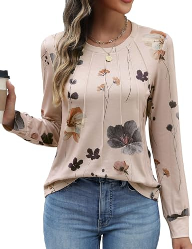 heekpek Magliette Donna Manica Lunga Tshirt Stampata Girocollo Ponchetta a Pieghe Top Donna Elegante Blusa Basic Maglietta Maniche Lunghe Primavera Estiva Autunno, Fiori Marroni, XL