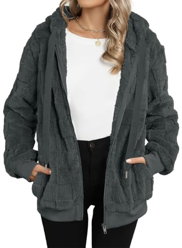EIRUKON teddy fleecejacka dam huvjacka teddyjacka teddy-fleece varm höst vinterrock fluffig huvtröja jacka dragkedja plyschjacka med fickor, Mörkgrå, S