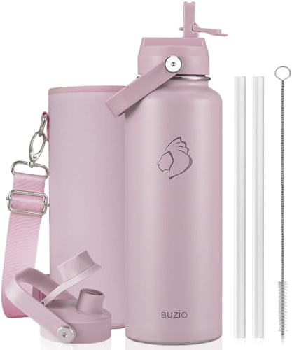 BUZIO Insulated Water Bottle 1.2L Stainless Steel with Straw & Spout Lid | Metal Water Bottle Keeps Cold 48 Hrs Hot 24 Hrs with Strap, Leakproof Drink Bottles, BPA-Free, for Gym, Travel, Sports