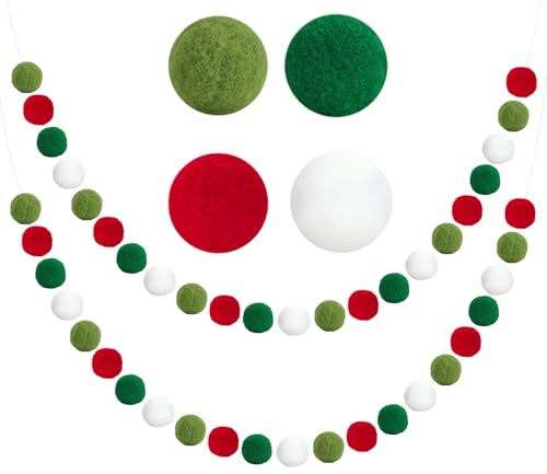 G2PLUS Aufgefädelt Weihnachten Filzkugeln Girlanden: 2 Stück Handgemachte Pompom Girlande in Weiß, Hellgrün, Rot und Grün für Weihnachten, Fest und Party Dekoration, 60 Bälle