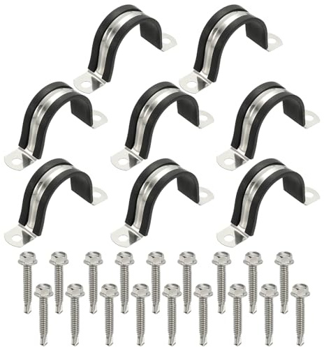 PATIKIL 8Pcs Pipe Clamps, 1-5/8 Inch 304 Stainless Steel Rubber Cushioned U Bracket Conduit Clamps Pipe Strap Wire Clips with Hexagonal Screw for Tube Hose Cord Installation, 42mm