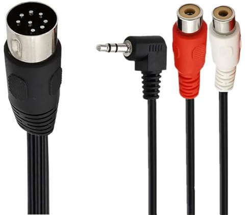 Montesy Cable adaptador de sonido grande de 8 pines DIN a 2RCA hembra y 3 puertos macho de 3,5 mm en ángulo recto para receptor, reproductor y subwoofer